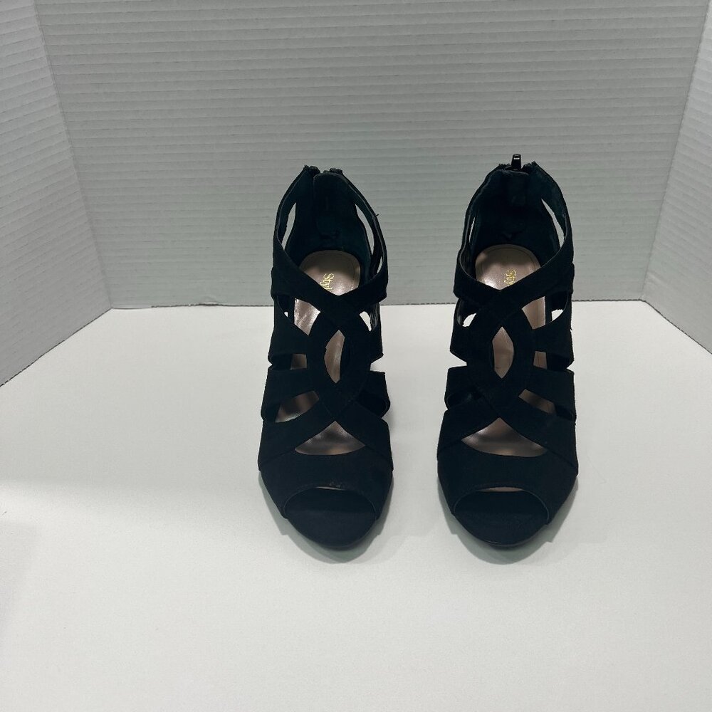 Black Suede Shootie sandals with a back zipper